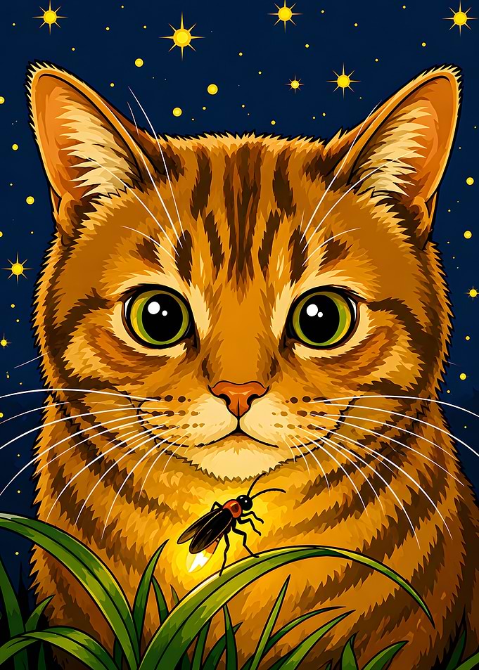 Tabby Cat Watching a Firefly