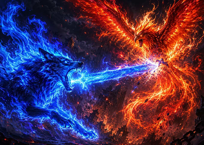 Blue Wolf Versus Red Phoenix Battle