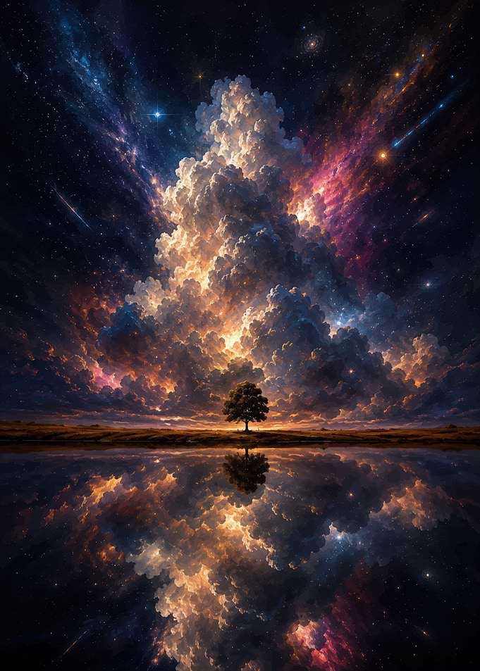 Lone Tree Under Cosmic Nebula Clouds
