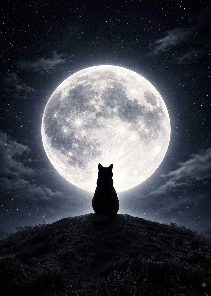 Black Cat Silhouetted Against Full Moon