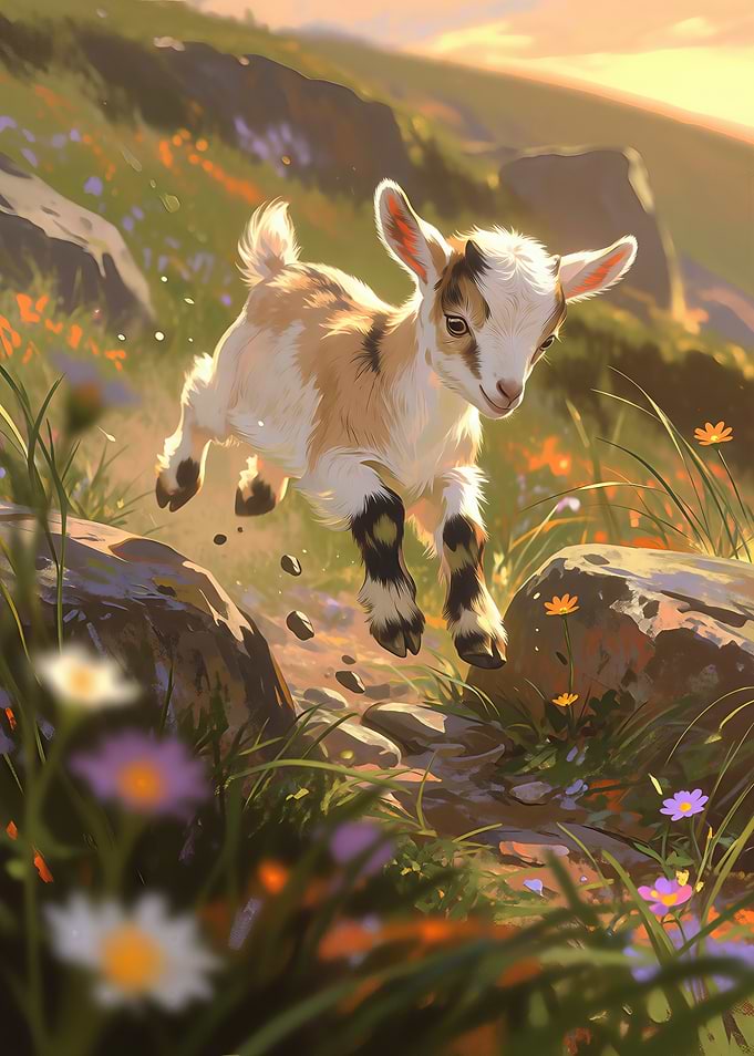 Playful Baby Goat in Wildflowers