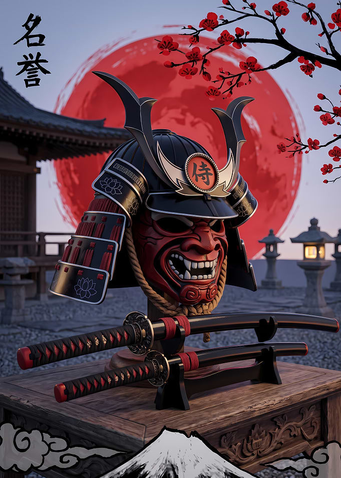 Samurai Helmet and Katana Display