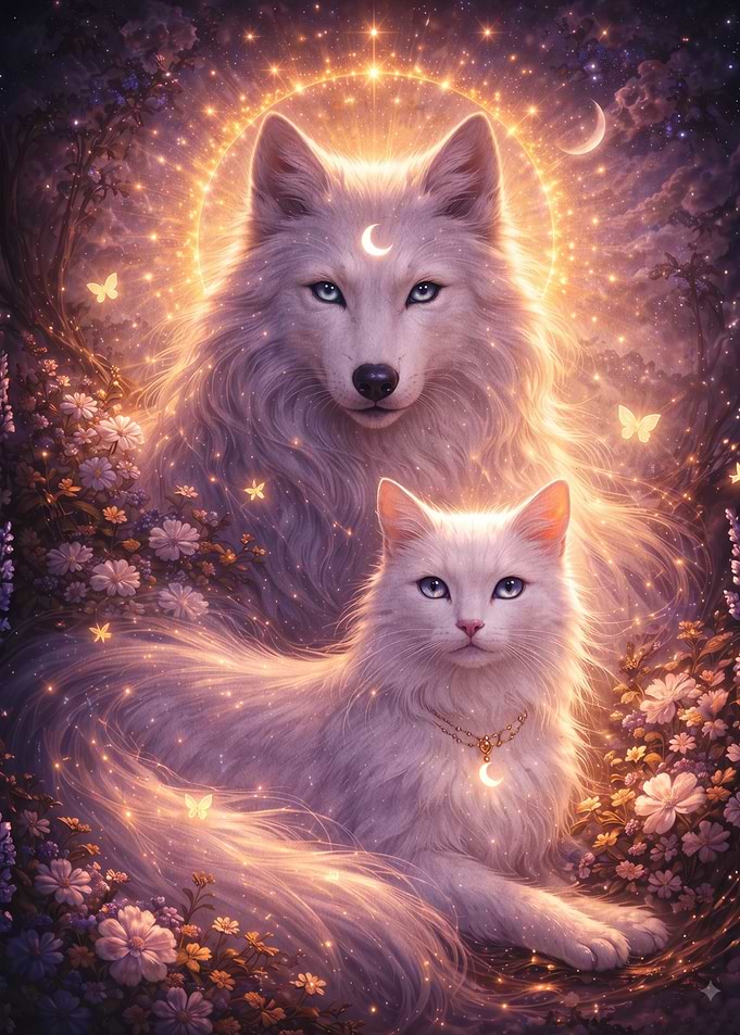 Ethereal White Wolf and Cat