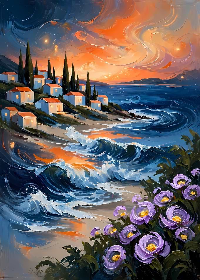 Impressionist Coastal Sunset with Purple Flowers
