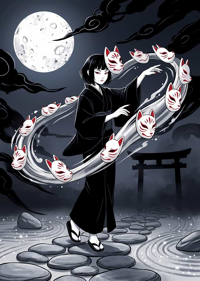 Girl with Kitsune Masks Under Moon