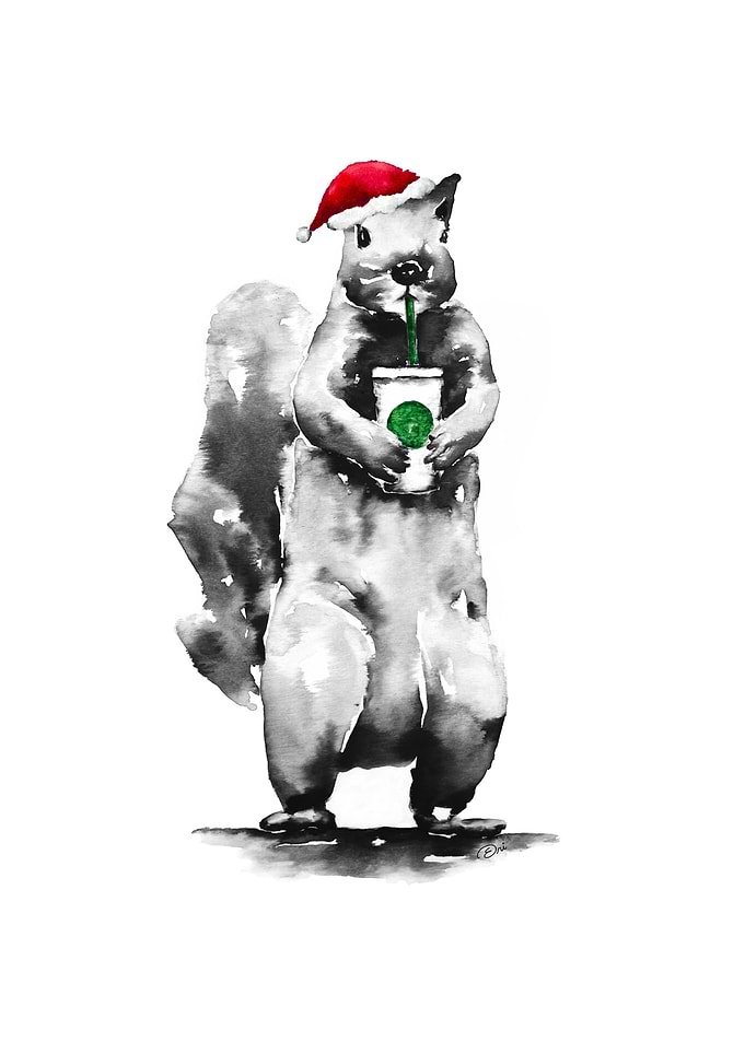 Watercolor Squirrel with Christmas Coffee