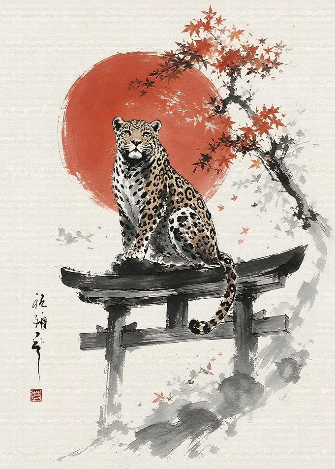 Leopard Perched on Japanese Torii Gate