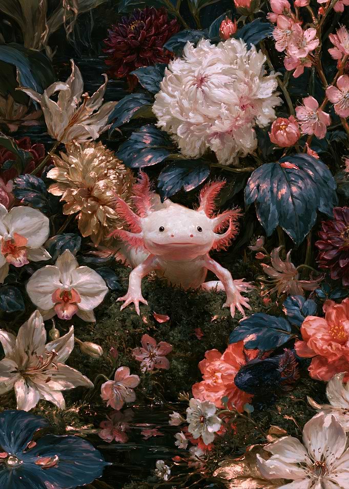 Axolotl in a Lush Floral Garden