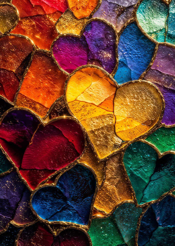 Colorful stained glass hearts mosaic gold art