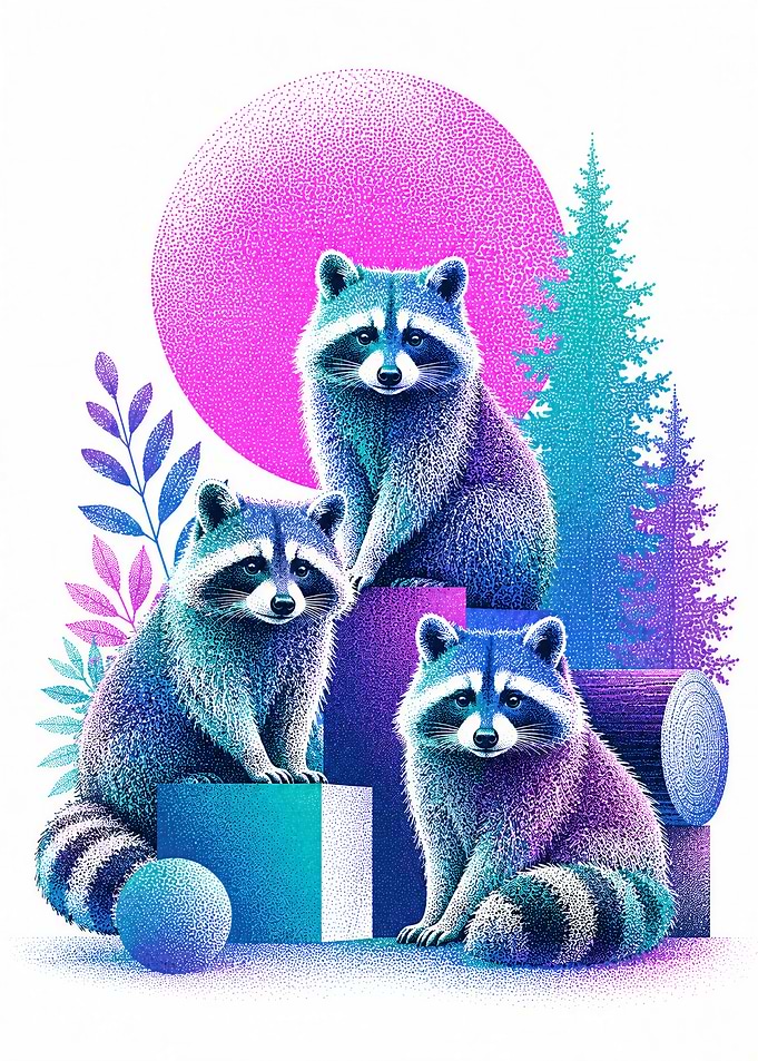Vibrant Stippled Raccoons Art