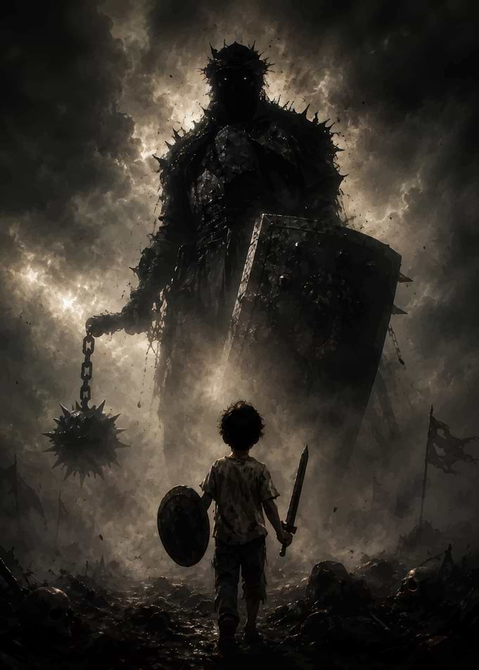 Small Child Facing Giant Dark Knight