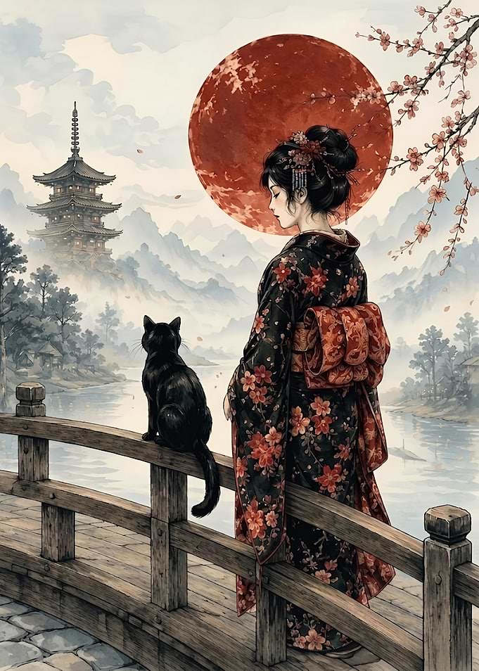 Woman and Cat Under Red Moon