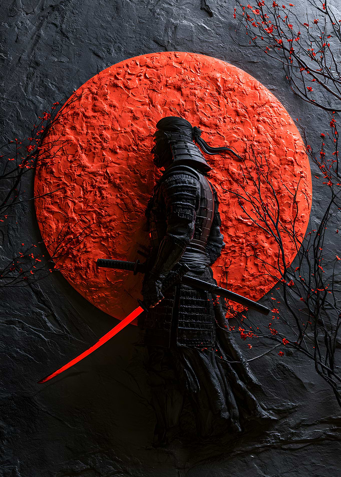 Samurai Silhouette with Glowing Red Blade
