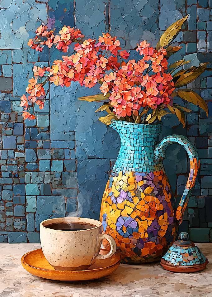Mosaic Pitcher with Flowers and Coffee