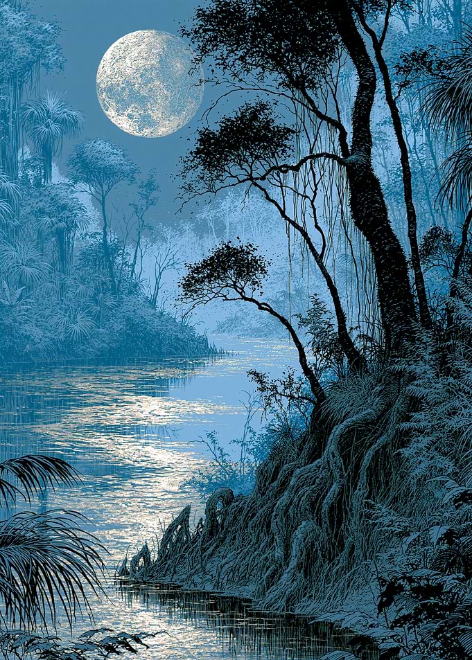 Moonlit Tropical River Landscape
