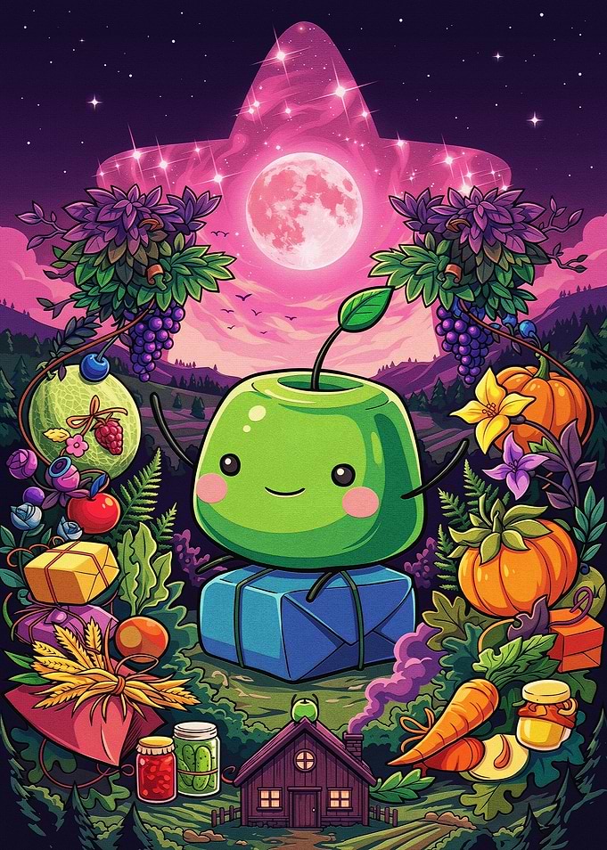 Cute Green Apple Character Harvest Scene