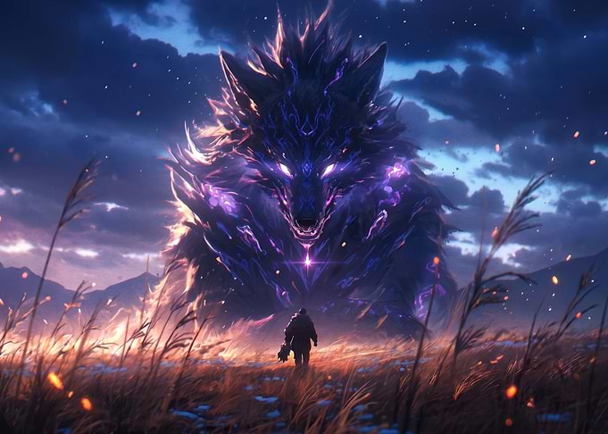 Giant Cosmic Wolf and Lone Traveler