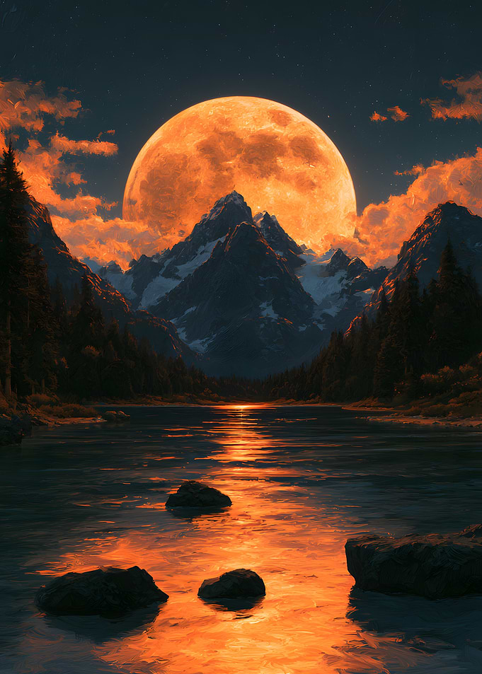 Giant Orange Moon Over Mountain Lake