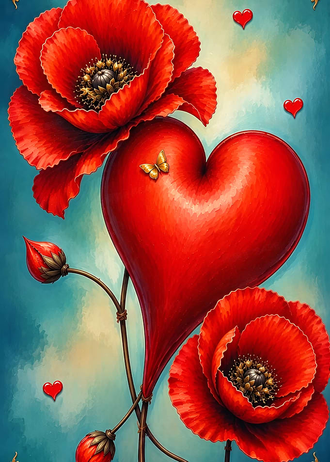 Red Poppies and Heart Illustration
