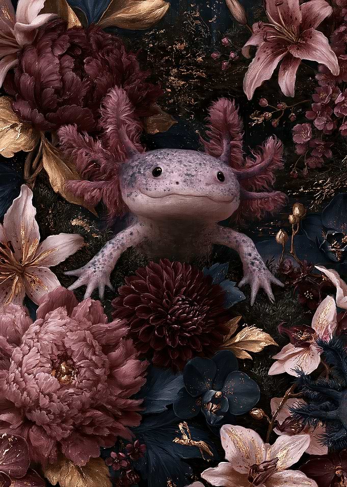 Axolotl Amidst Dark Floral Blooms