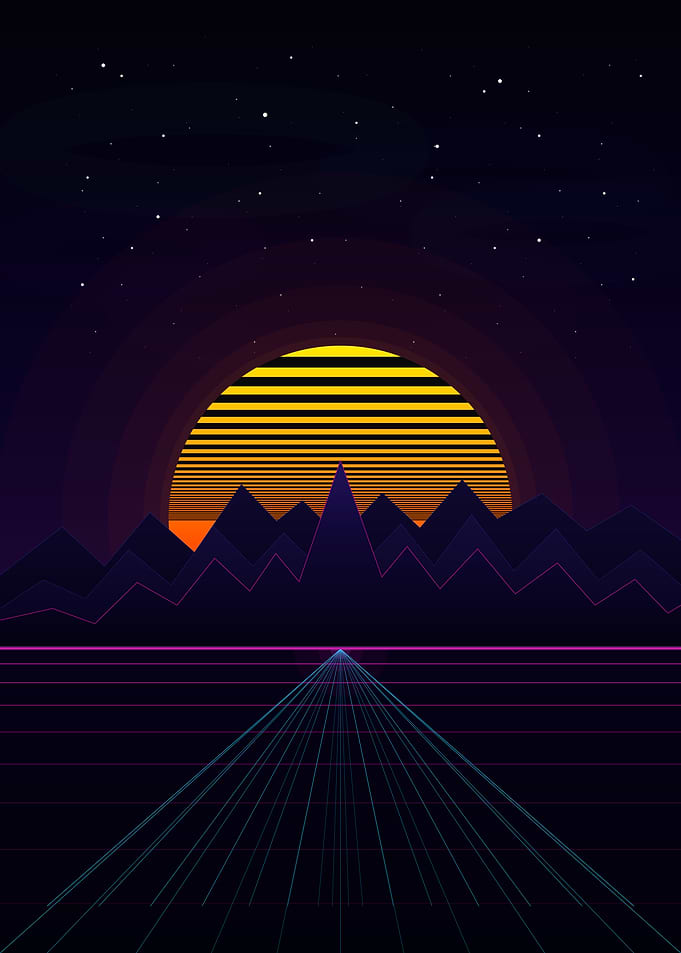 Retro Synthwave Mountain Sunset Landscape
