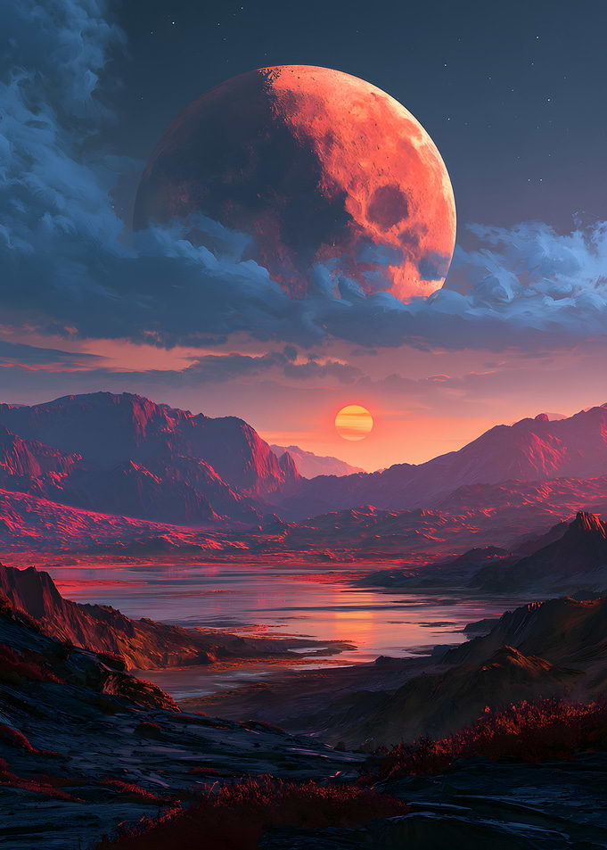 Surreal Alien Landscape with Red Moon