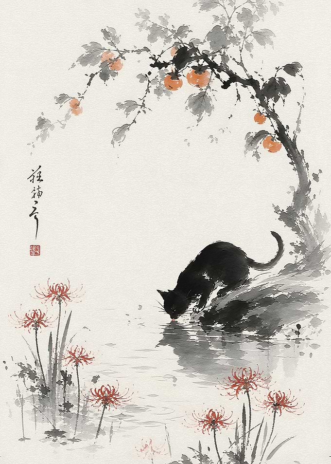 Black Cat Drinking by Persimmon Tree