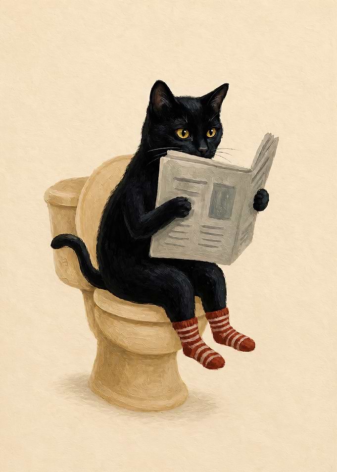 Black Cat Reading on Toilet