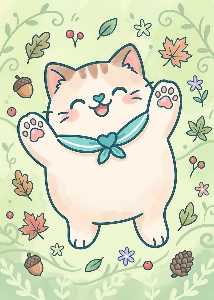 Cute Kawaii Cat in Autumn