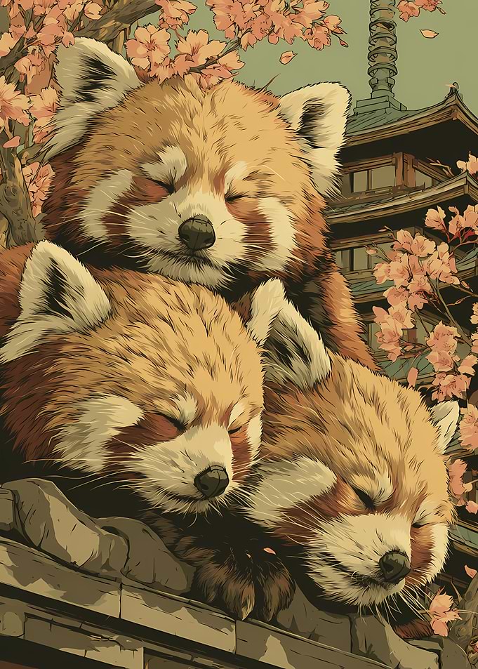 Three Sleeping Red Pandas in Japan