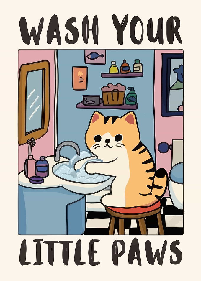 Cute Cat Washing Paws Bathroom Poster