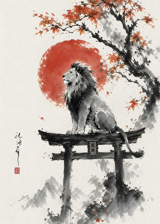 Lion on Torii Gate Ink Wash