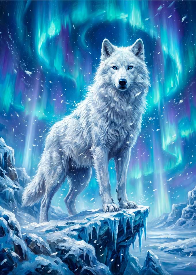 White Wolf Under Northern Lights