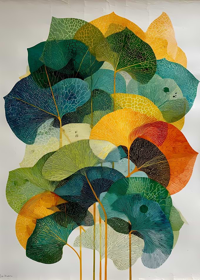 Colorful Ginkgo Leaf Botanical Illustration