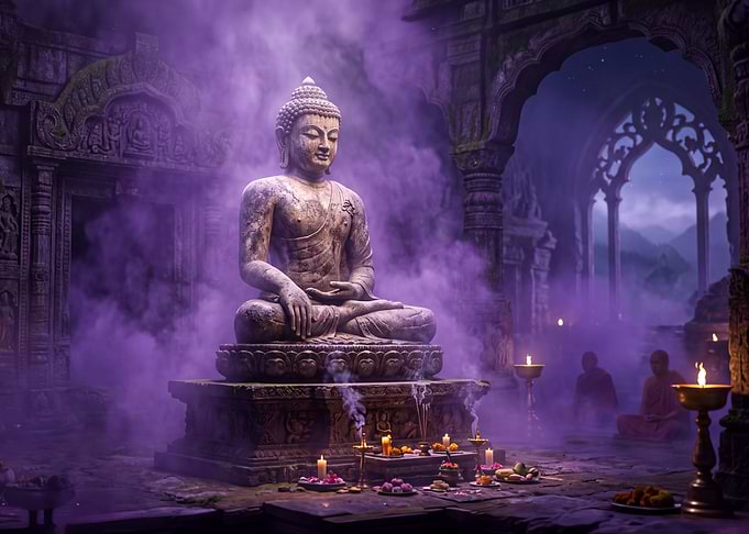 Mystical Buddha Statue in Purple Haze
