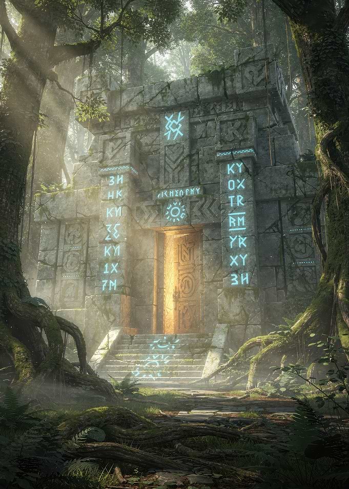 Ancient Glowing Rune Temple in Forest
