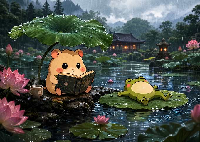 Hamster Reading Under Lotus Leaf