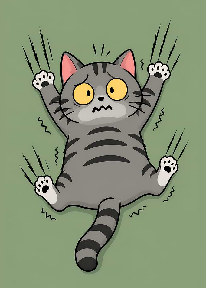 Scared Tabby Cat Clinging to Wall
