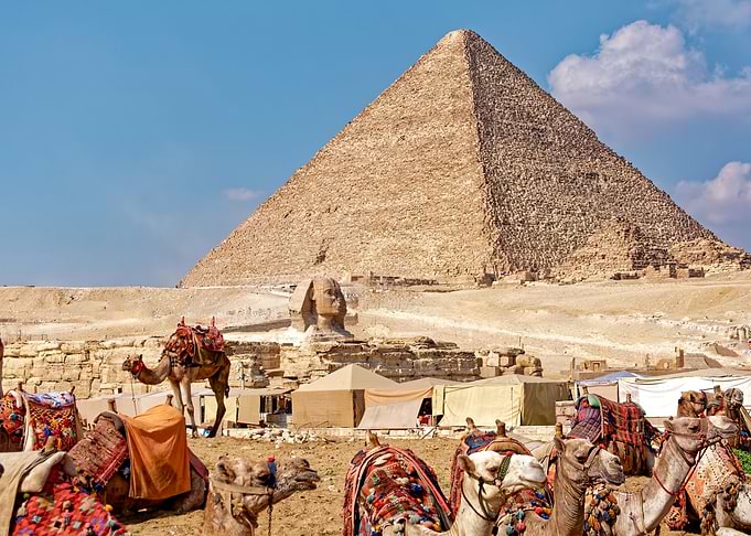 Great Pyramid and Sphinx with Camels