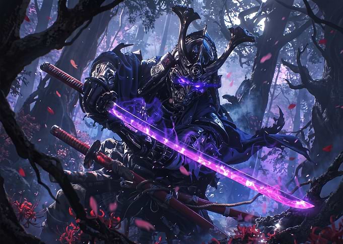 Dark Samurai with Glowing Purple Katana