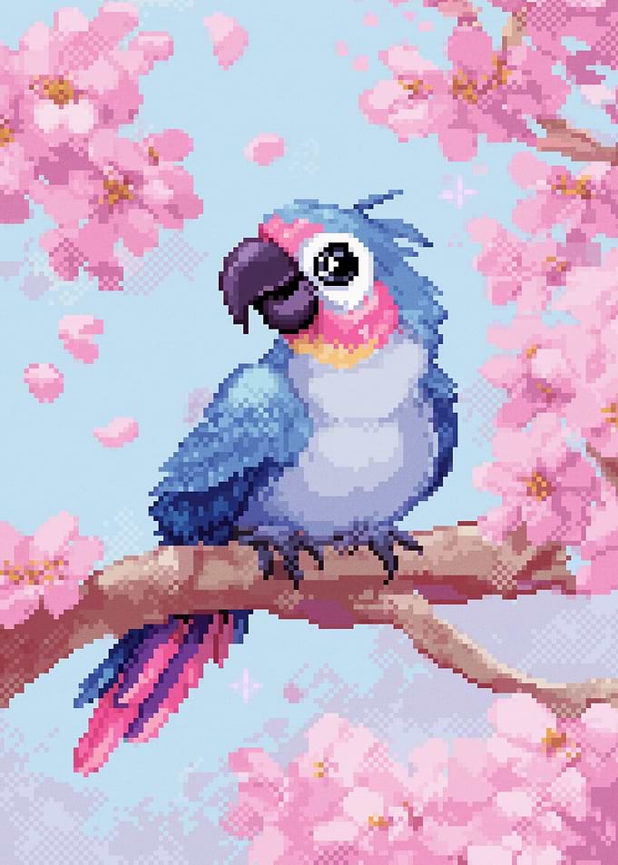 Pixel Art Parrot in Cherry Blossoms