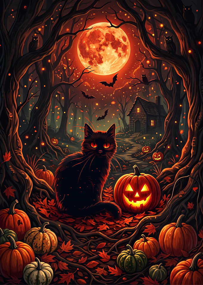 Black Cat in Spooky Halloween Forest