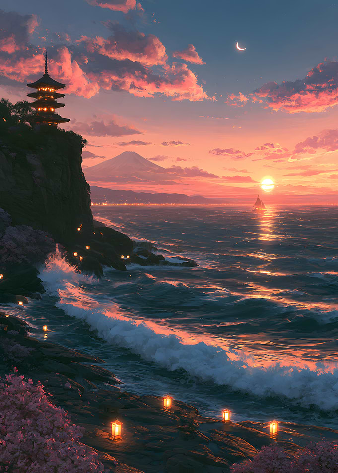 Pagoda at Sunset by the Sea