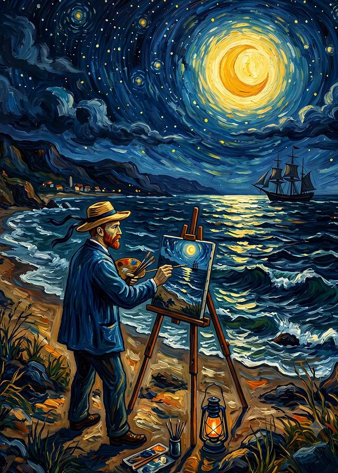 Van Gogh Painting Seascape at Night