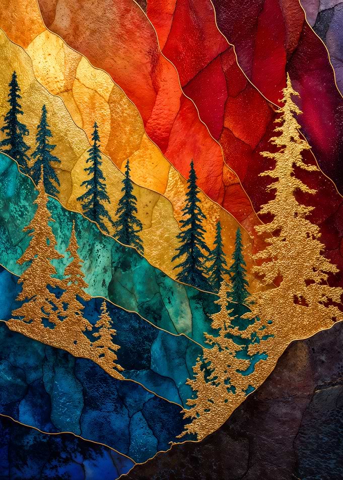 Stained glass pine forest landscape gold trees