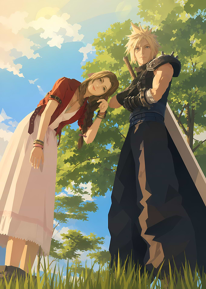 Cloud and Aerith in Sunny Meadow