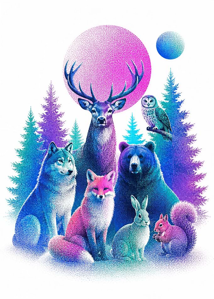Stippled Neon Forest Animals Portrait
