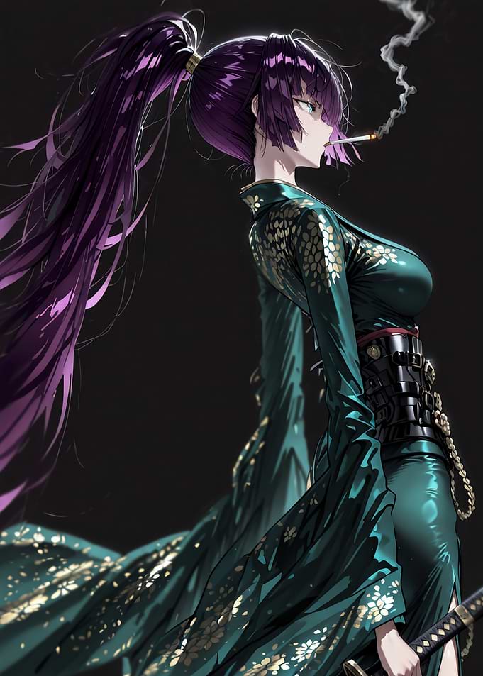 Anime Girl with Katana Smoking