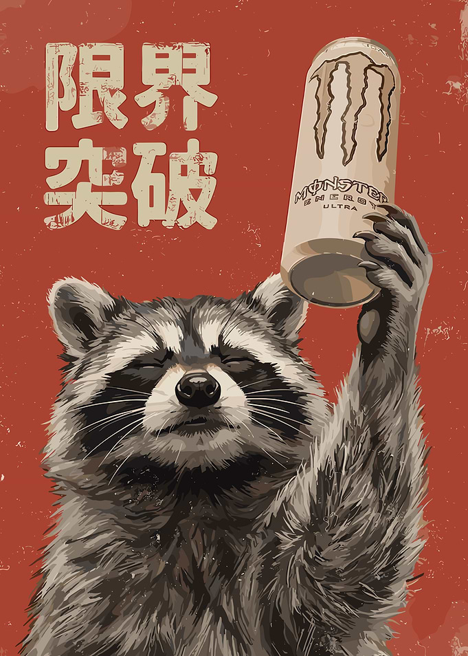 Raccoon Holding Monster Energy Drink Poster
