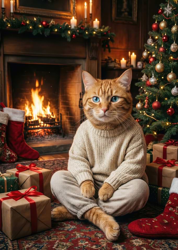 Ginger Cat in Sweater by Fireplace